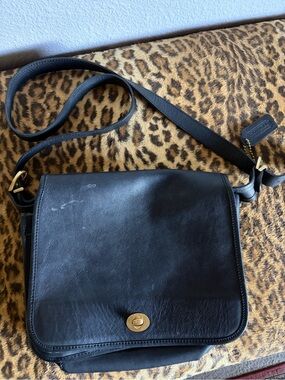 Vintage Black Leather Crossbody with Gold-Tone Turn Lock